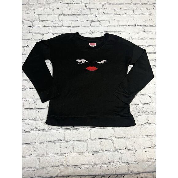 Kate Spade New York Eye Wink Red Lips Lounge Top Black‎ Poly Blend Long Sleeve M - Picture 3 of 5